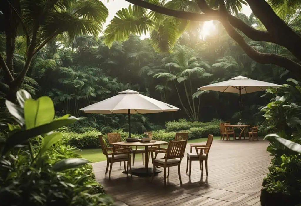 Elegant outdoor furniture set with umbrellas in lush garden setting.