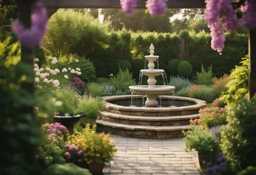 Elegant garden fountain surrounded by vibrant flowers and greenery, perfect for outdoor renovation i.
