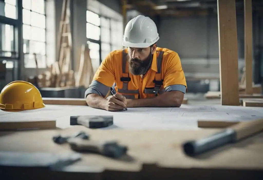 Skilled construction worker planning home renovation project indoors.