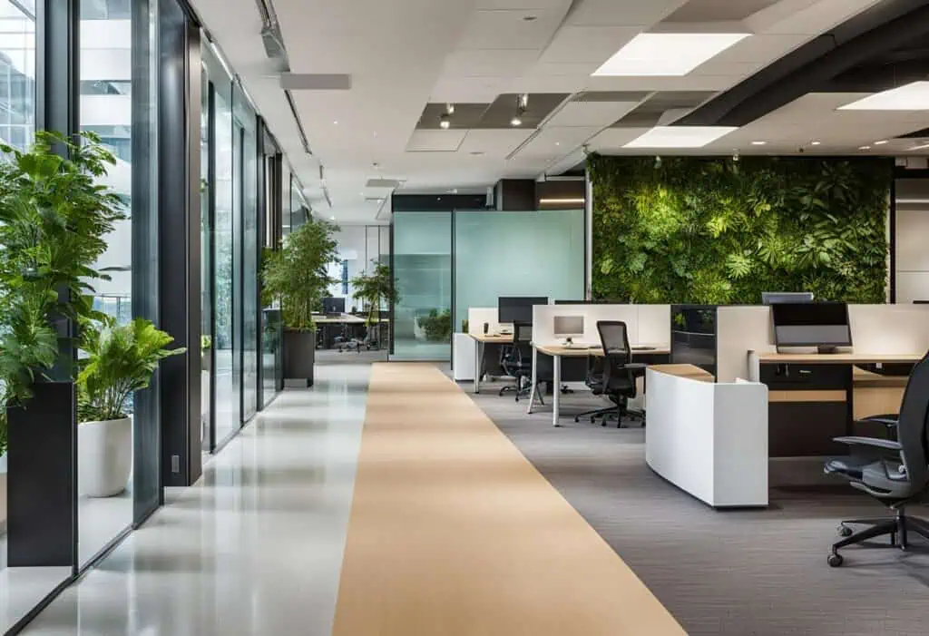 Gensler office design featuring open workstations, natural light, and lush green wall for enhanced p.
