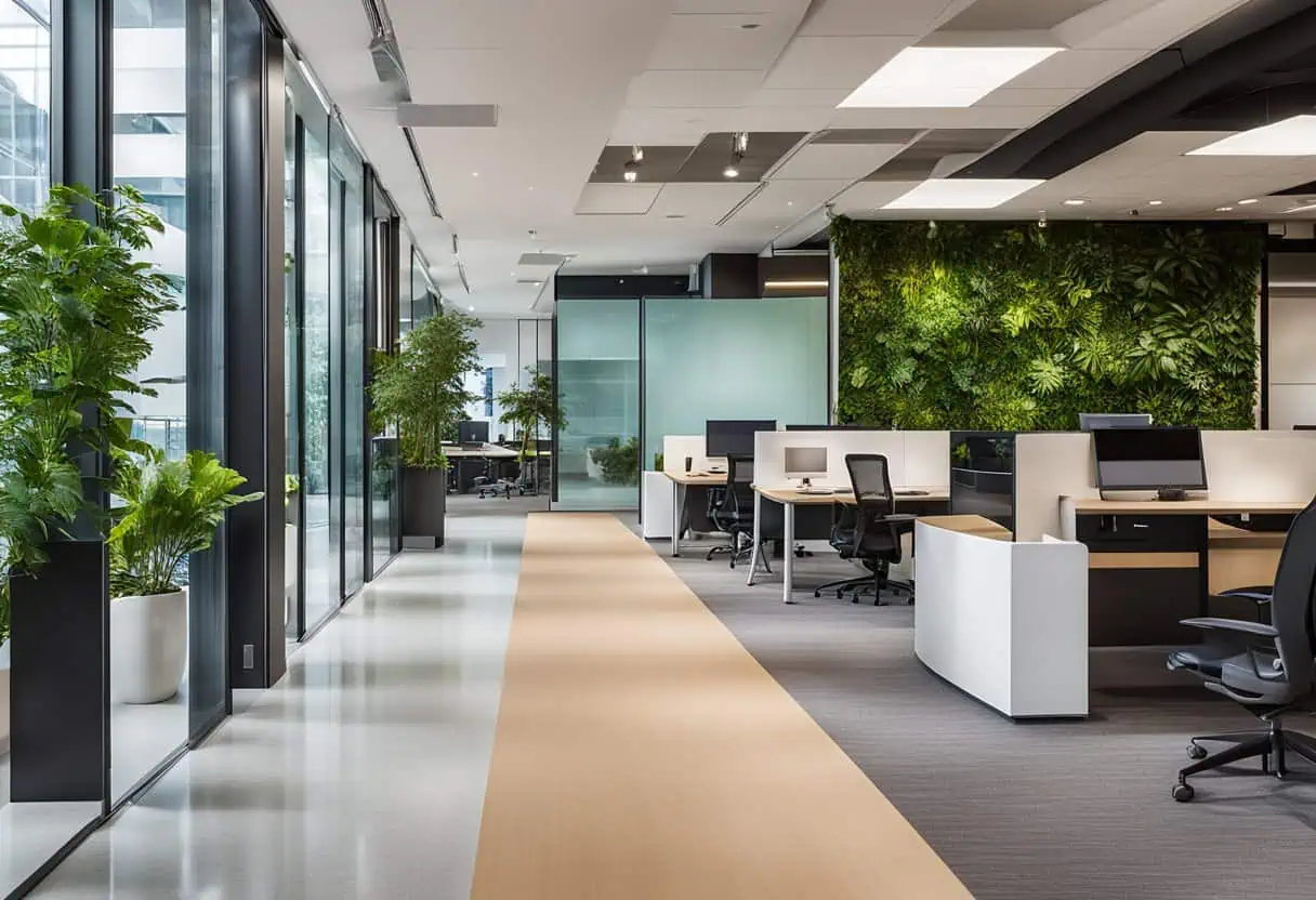 Gensler office design featuring open workstations, natural light, and lush green wall for enhanced p.