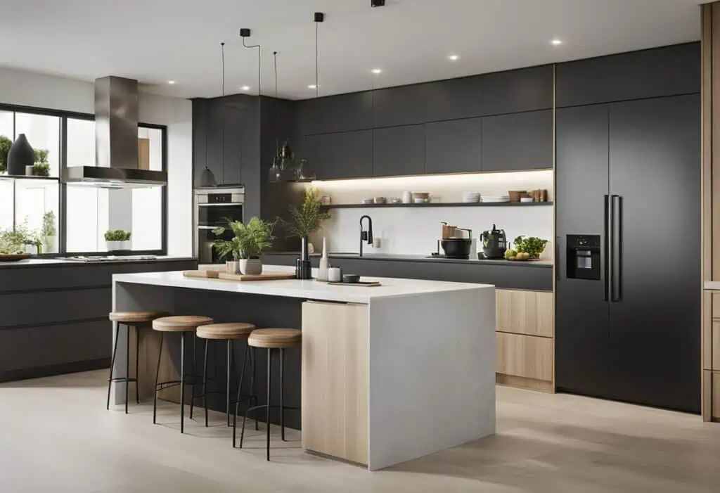 Elegant German kitchen with black cabinets, white island, and contemporary appliances.