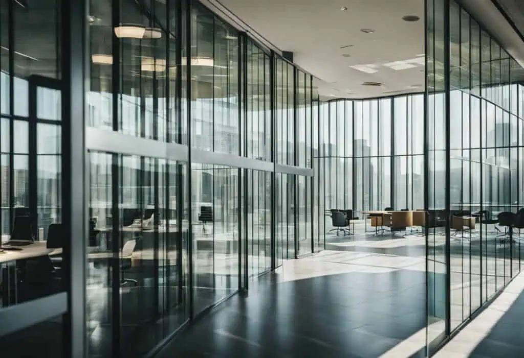 Glass wall office partition for modern, open-plan workspaces.