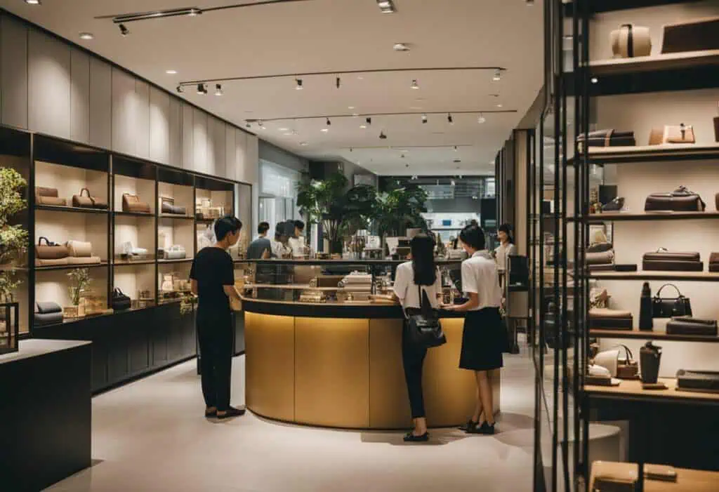 Modern furniture shop with customers exploring stylish home accessories and premium decor items.