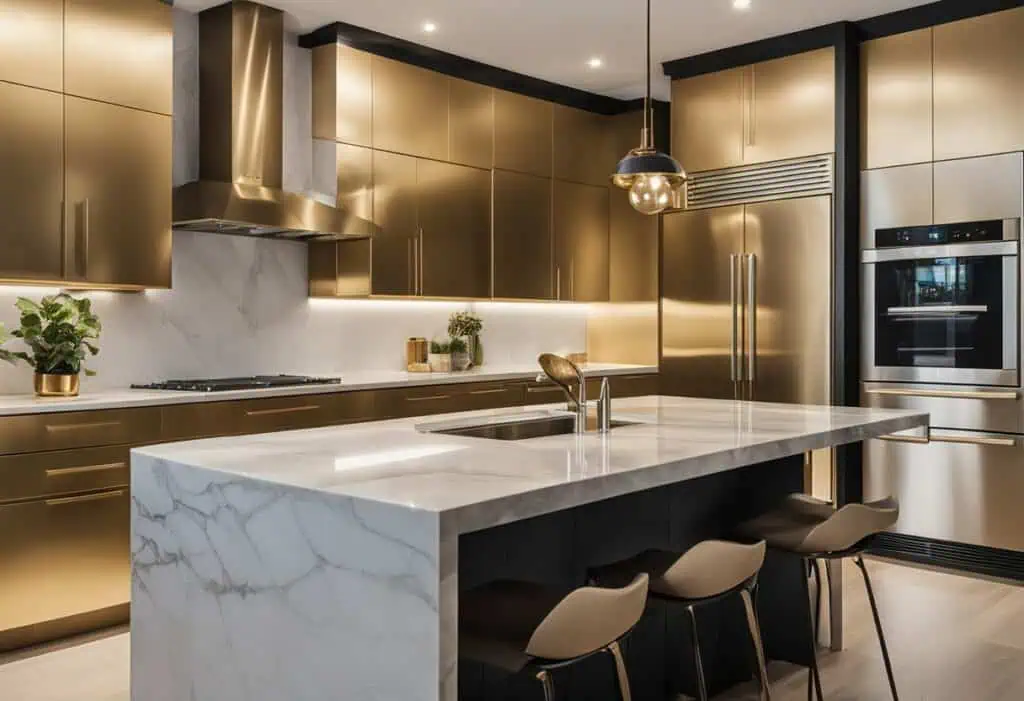 Gold kitchen design with sleek cabinetry and marble island for a luxurious home upgrade.