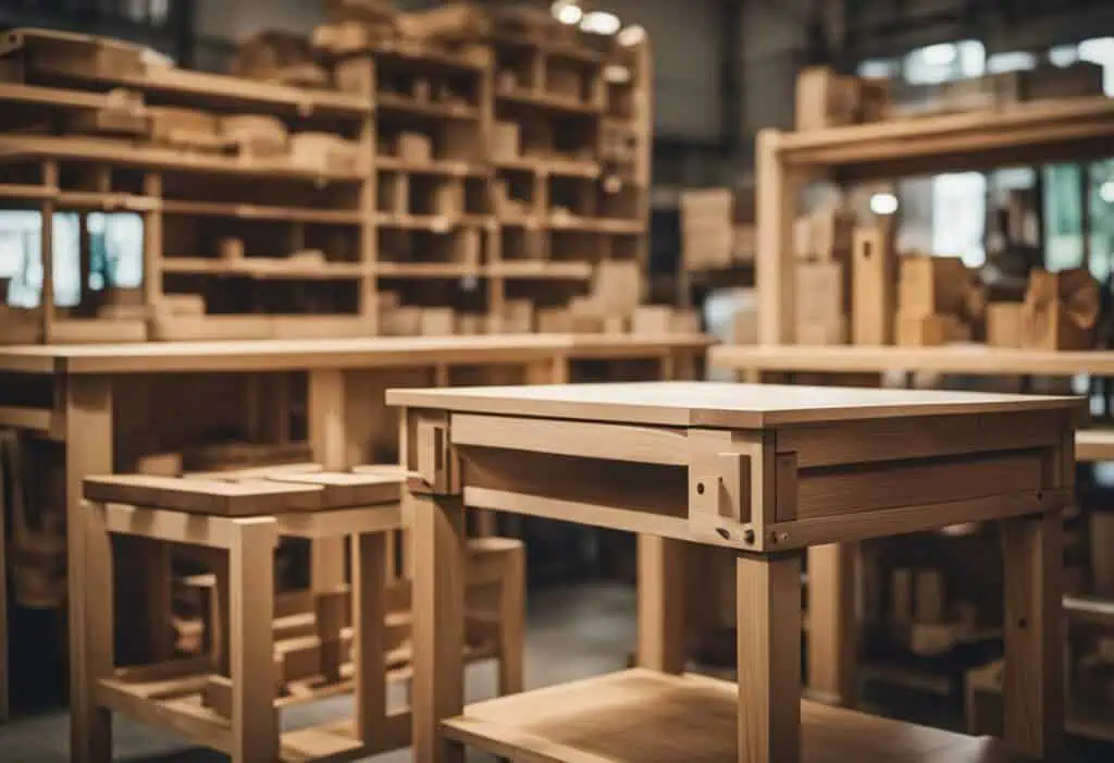 High-quality handcrafted wooden furniture in a carpentry workshop, showcasing craftsmanship and prec.
