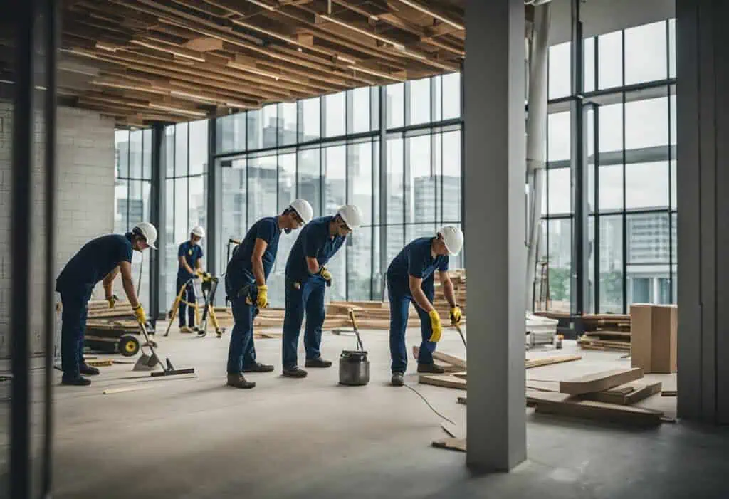 Renovation team working on interior construction in a high-rise building.