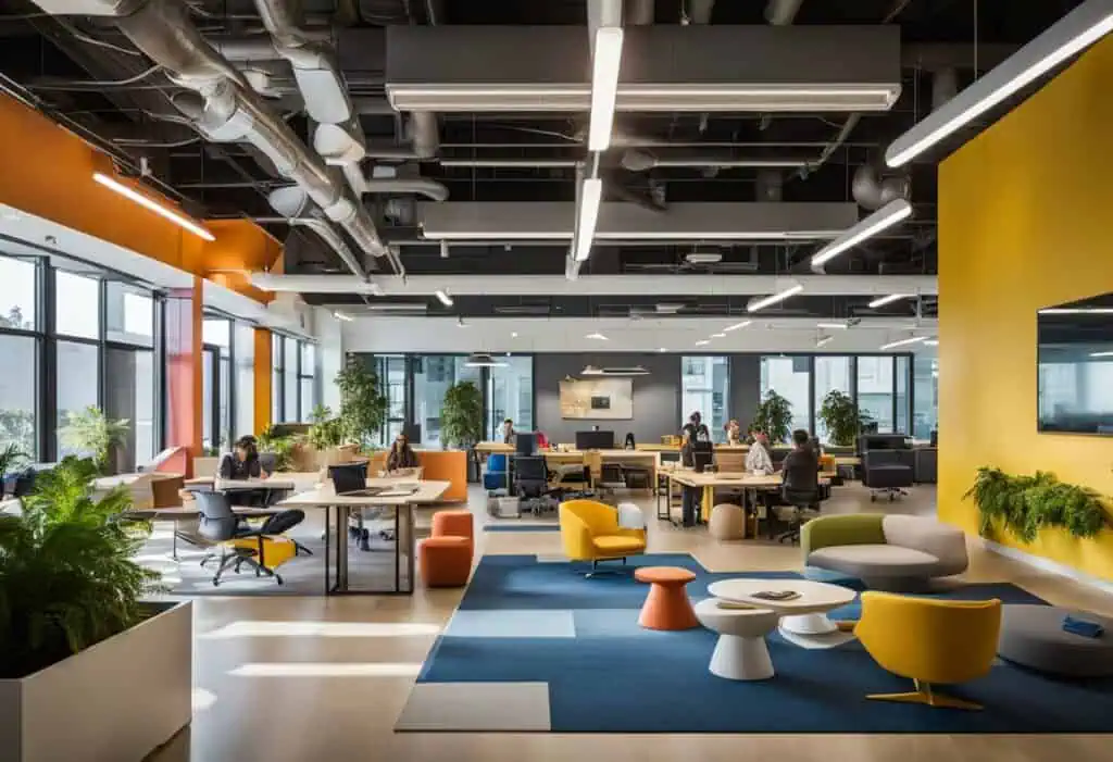 Modern workspace with vibrant colors and flexible seating options.