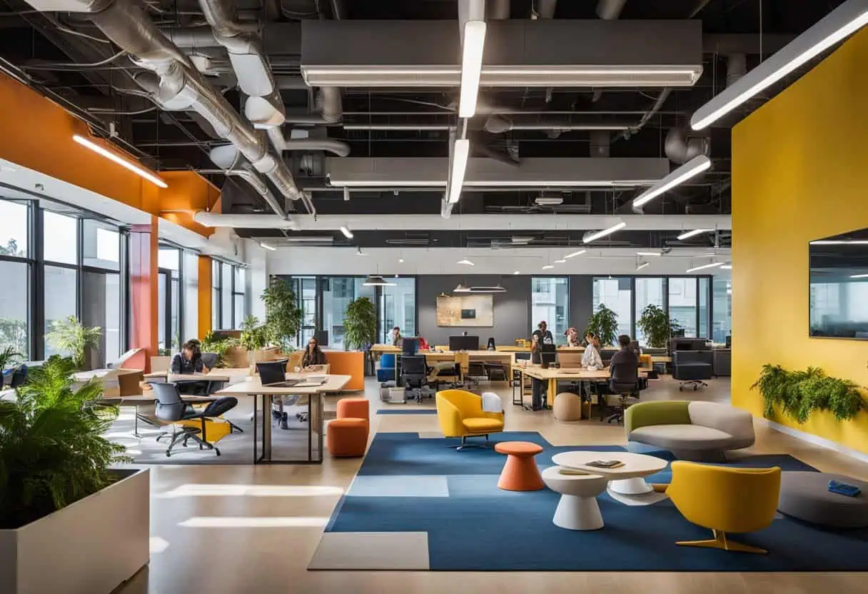 Modern workspace with vibrant colors and flexible seating options.