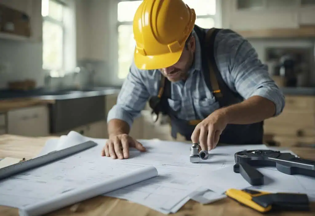 Man with yellow helmet reviewing home renovation blueprints indoors.