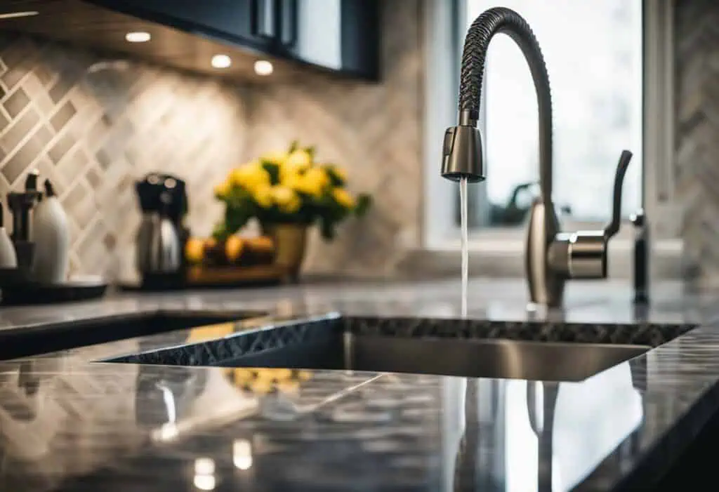 Stylish granite kitchen sink with sleek faucet in a contemporary kitchen setting.