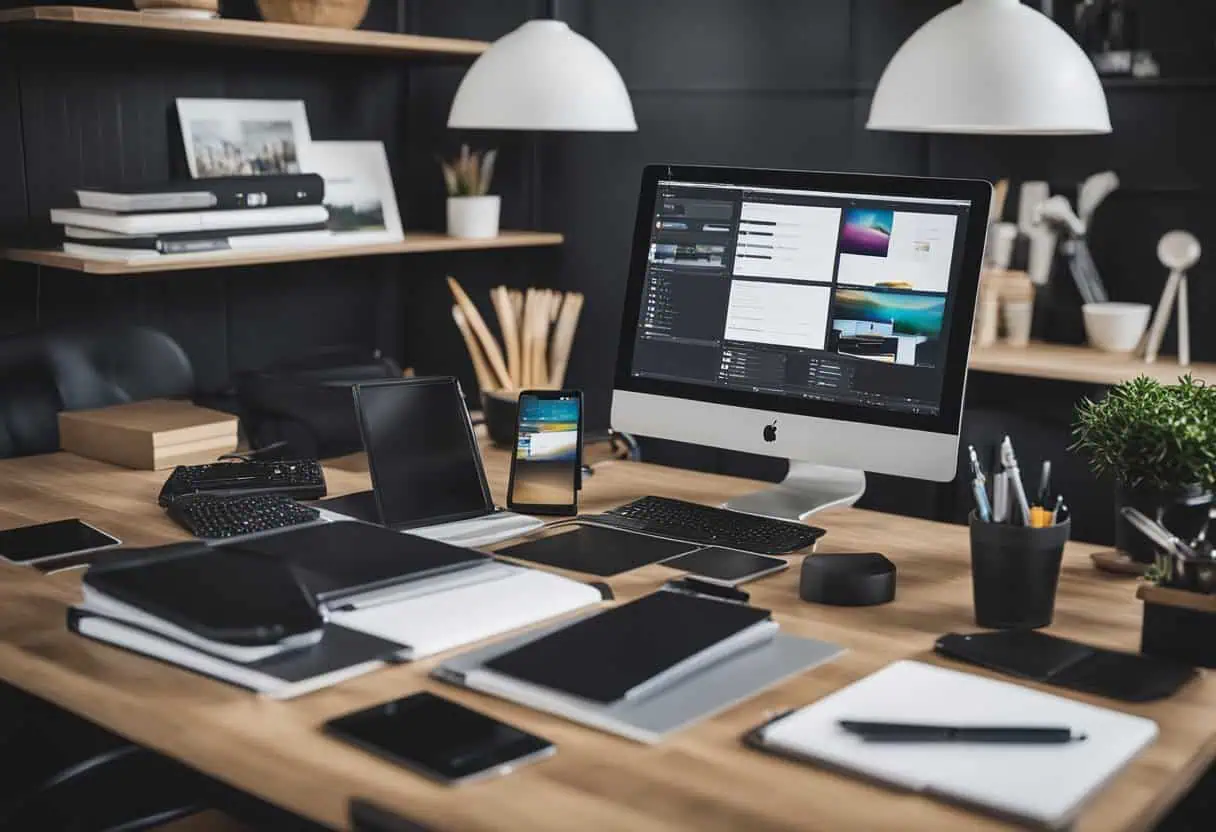 Modern home office with computer, notebooks, and office supplies for productivity.