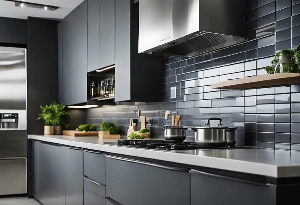 Modern kitchen with gray tiles, sleek cabinetry, and stainless steel appliances.