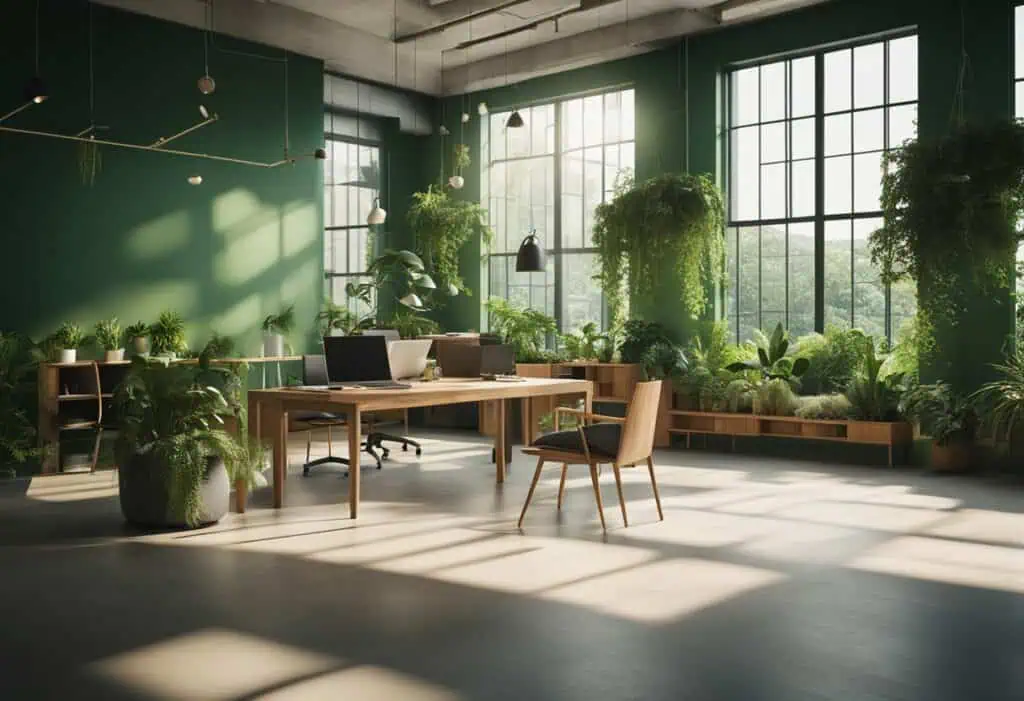 Eco-friendly office with lush plants and natural light for a sustainable workspace.