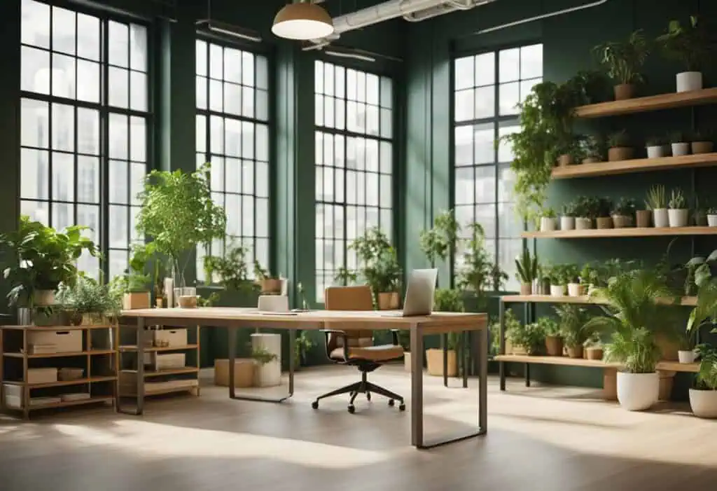 Modern green office space with large windows and abundant indoor plants for sustainability.