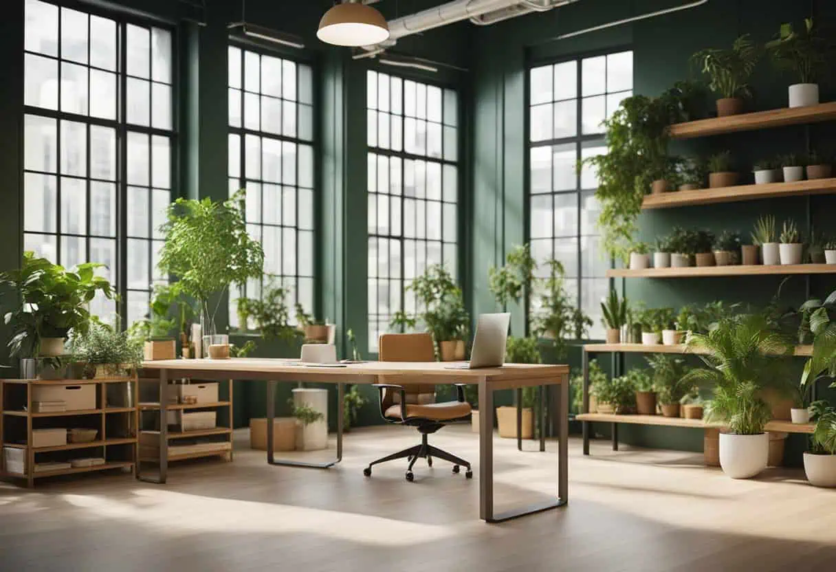 Modern green office space with large windows and abundant indoor plants for sustainability.