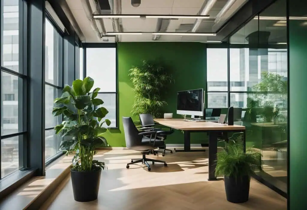Modern office with vibrant green wall and indoor plants promoting wellness and productivity.