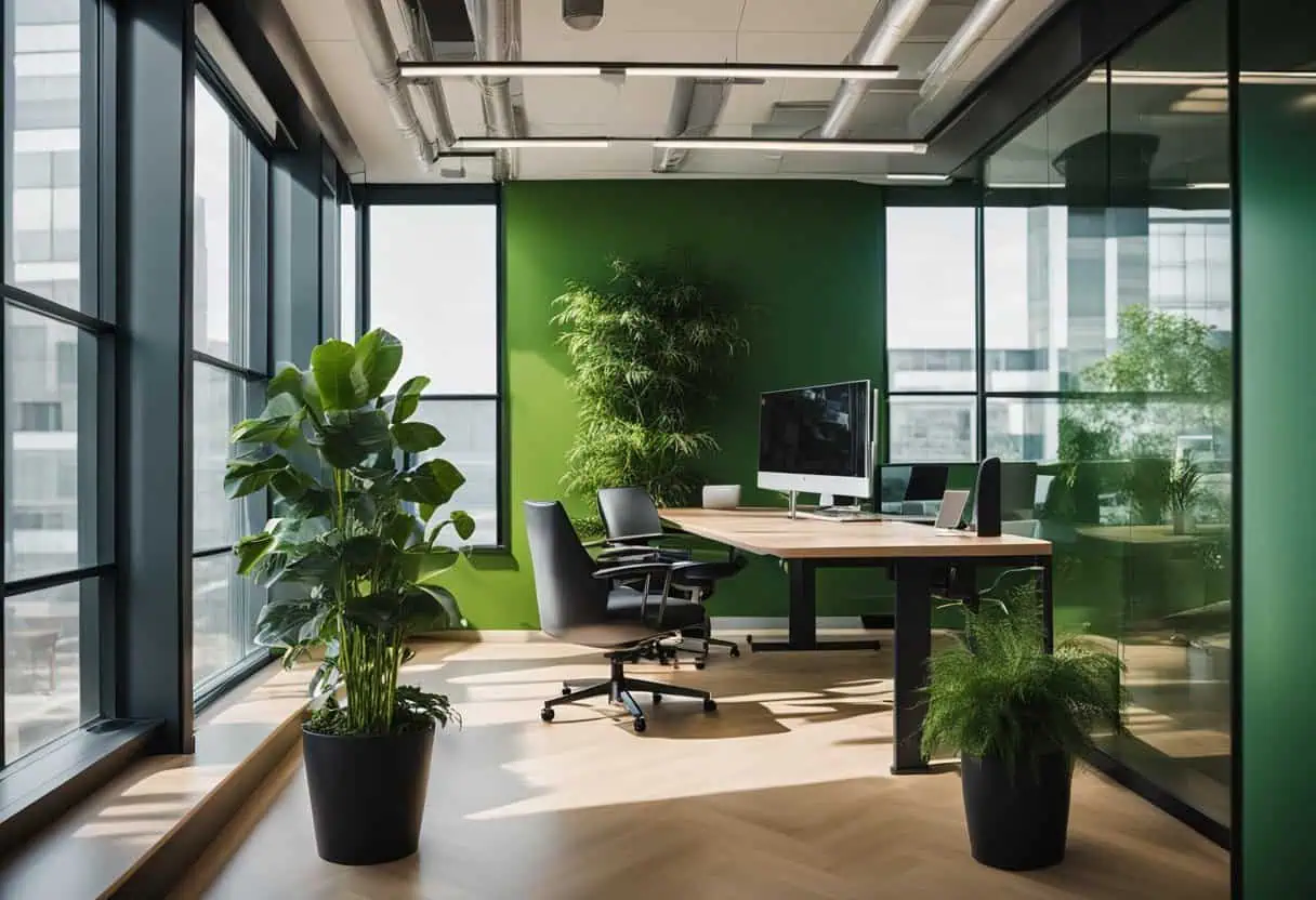Modern office with vibrant green wall and indoor plants promoting wellness and productivity.