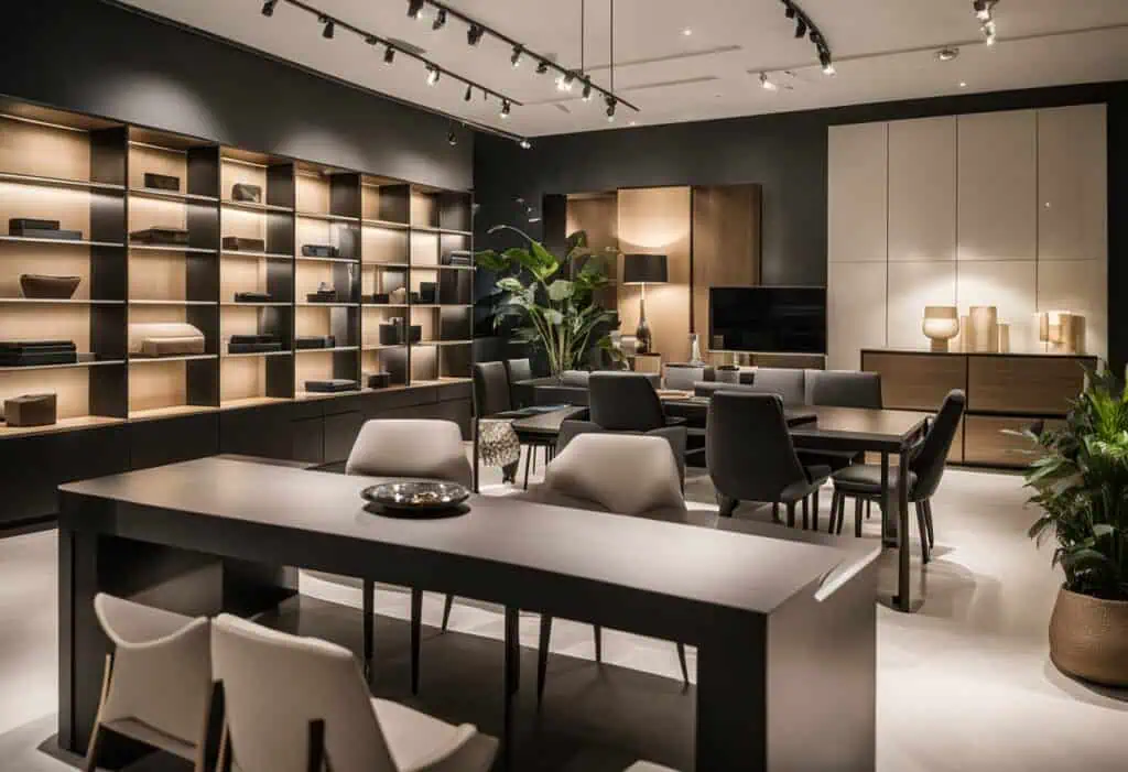 Elegant contemporary furniture arrangement in a sleek showroom setting.