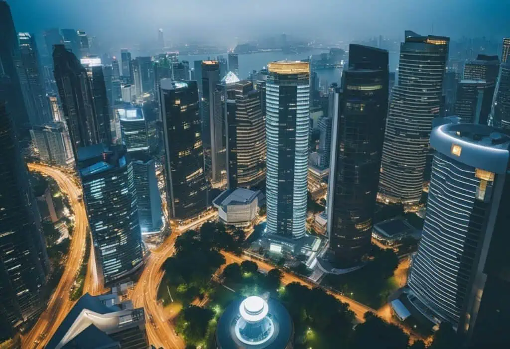 Modern Singapore cityscape featuring tall buildings and vibrant city lights.