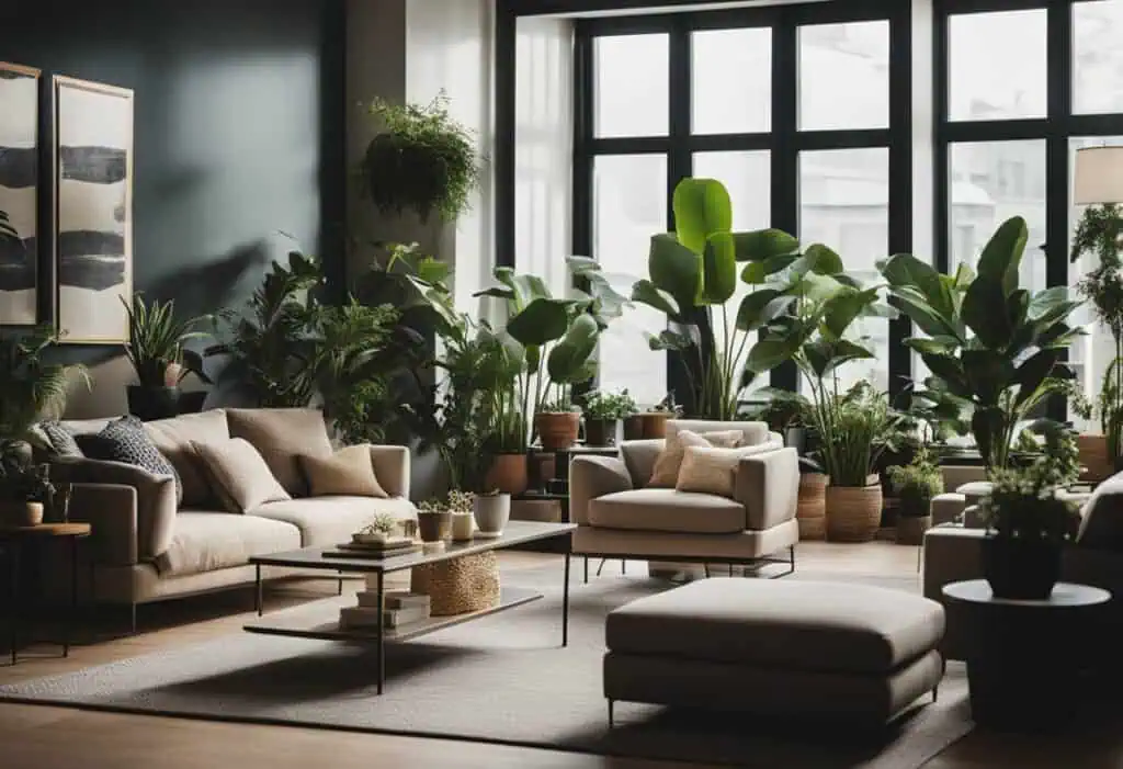 Green indoor plants in stylish living room with natural light.