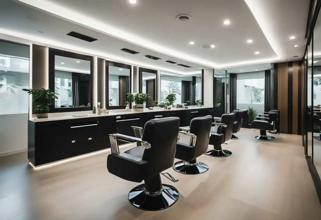 Stylish salon chairs and workstations designed for comfort and elegance in Singapore hair salons.