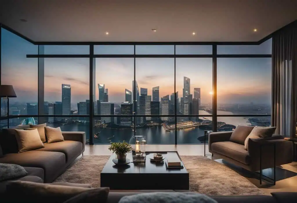 City skyline view from stylish living room with large windows in Singapore.