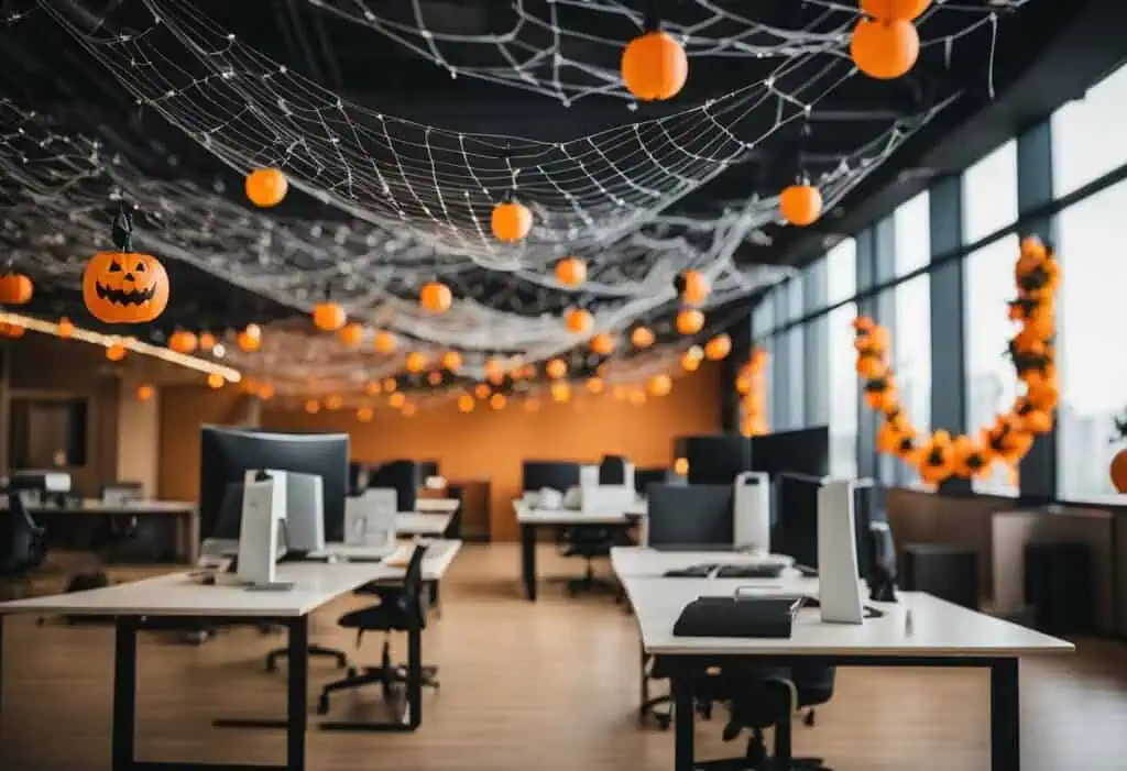 Spooky Halloween office with hanging pumpkin decorations and cobwebs, perfect for festive workplace.