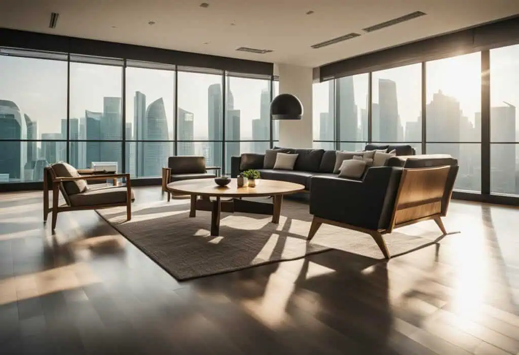 Elegant modern living room featuring high-quality hardwood furniture and large windows with city vie.