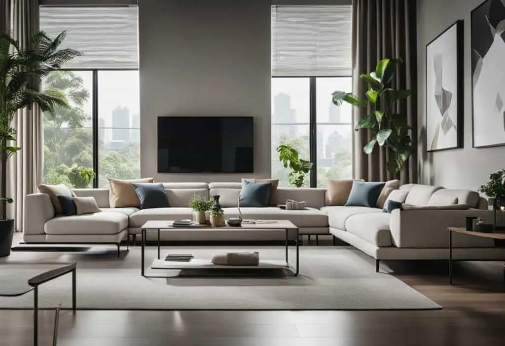 Stylish and comfortable living room featuring contemporary furniture, large windows, and lush indoor.