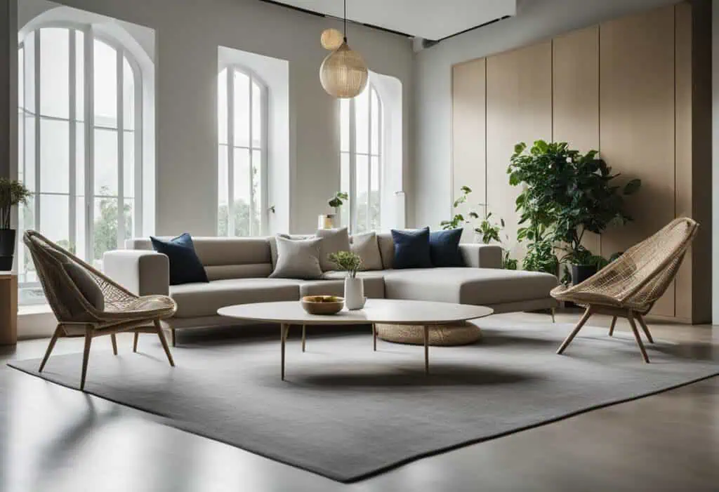 Stylish modern living room with contemporary furniture and large windows.