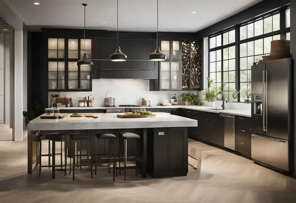 Contemporary HDB kitchen island design featuring black cabinets, ample counter space, and large wind.