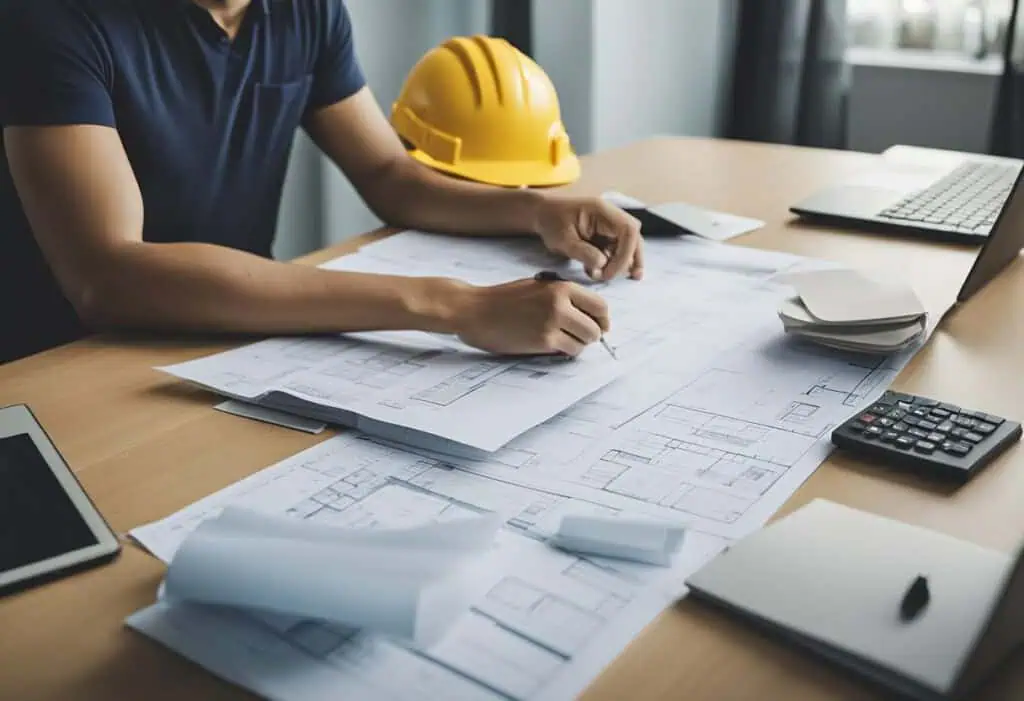 Architect reviewing blueprints and plans for HDB renovation project.
