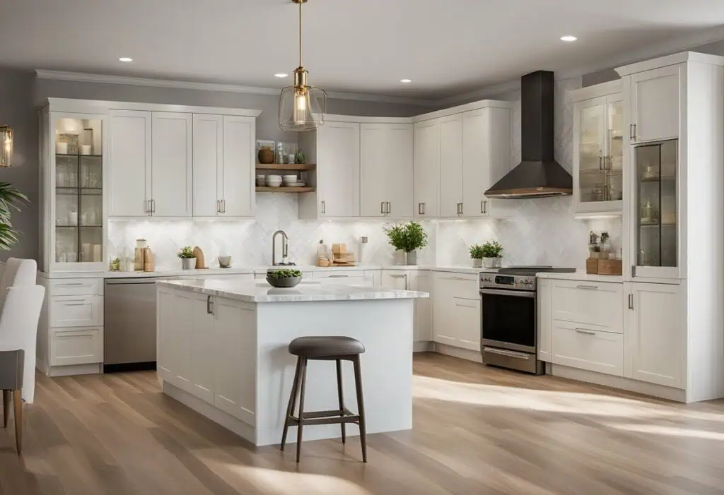 Bright and spacious kitchen featuring white cabinetry, a central island, and stainless steel oven fo.