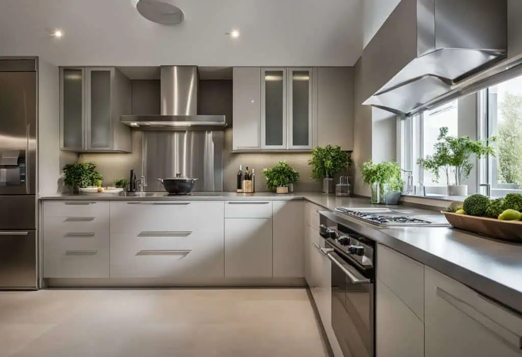 Modern HDB wet and dry kitchen with sleek cabinetry and stainless steel appliances.