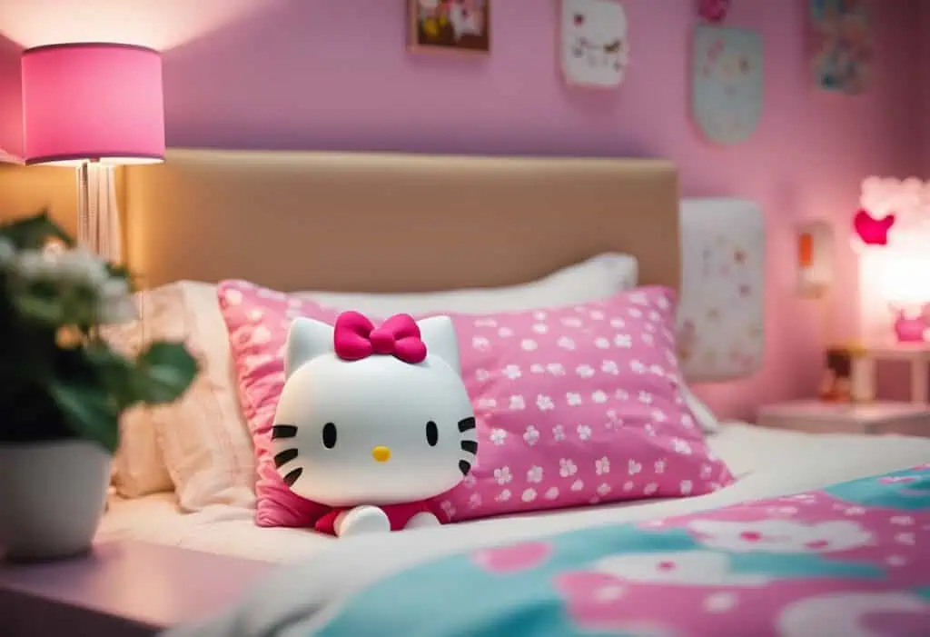 Adorable Hello Kitty plush toy on a pink-themed bedroom bed in Singapore.