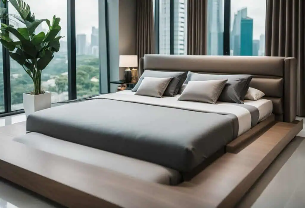 Modern bedroom with space-saving bed design and large windows in Singapore.