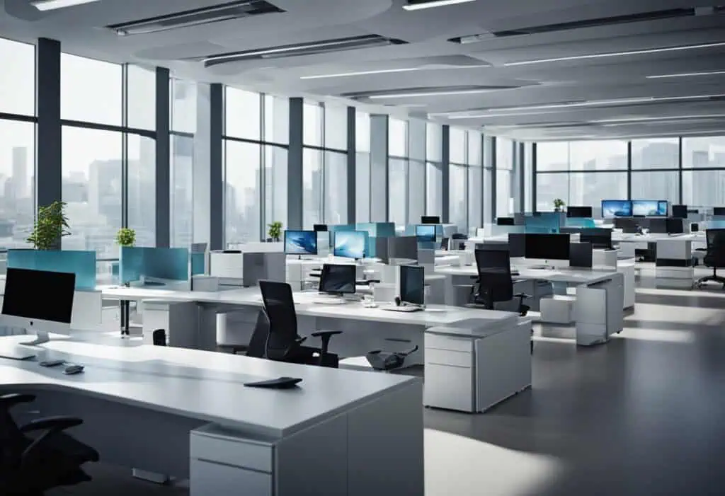 Contemporary office with advanced technology and ergonomic furniture for future work environments.