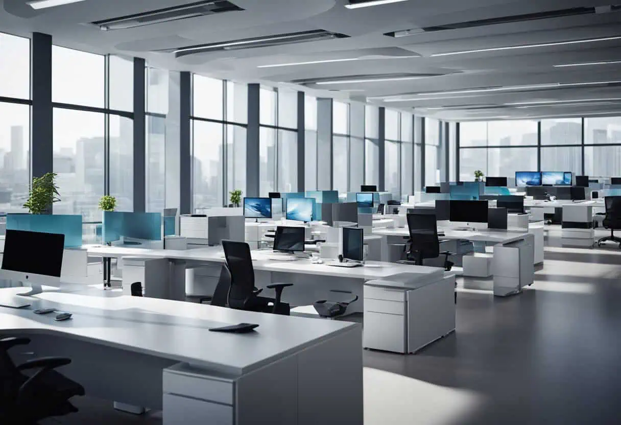 Contemporary office with advanced technology and ergonomic furniture for future work environments.
