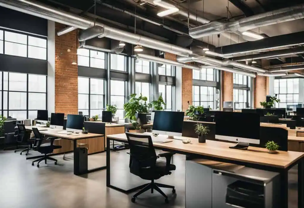 Bright, modern office with open layout, large windows, and ergonomic desks for a productive work env.