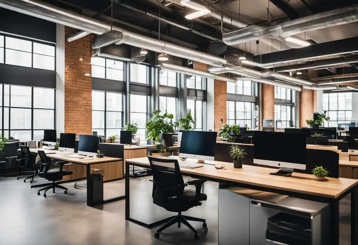 Bright, modern office with open layout, large windows, and ergonomic desks for a productive work env.