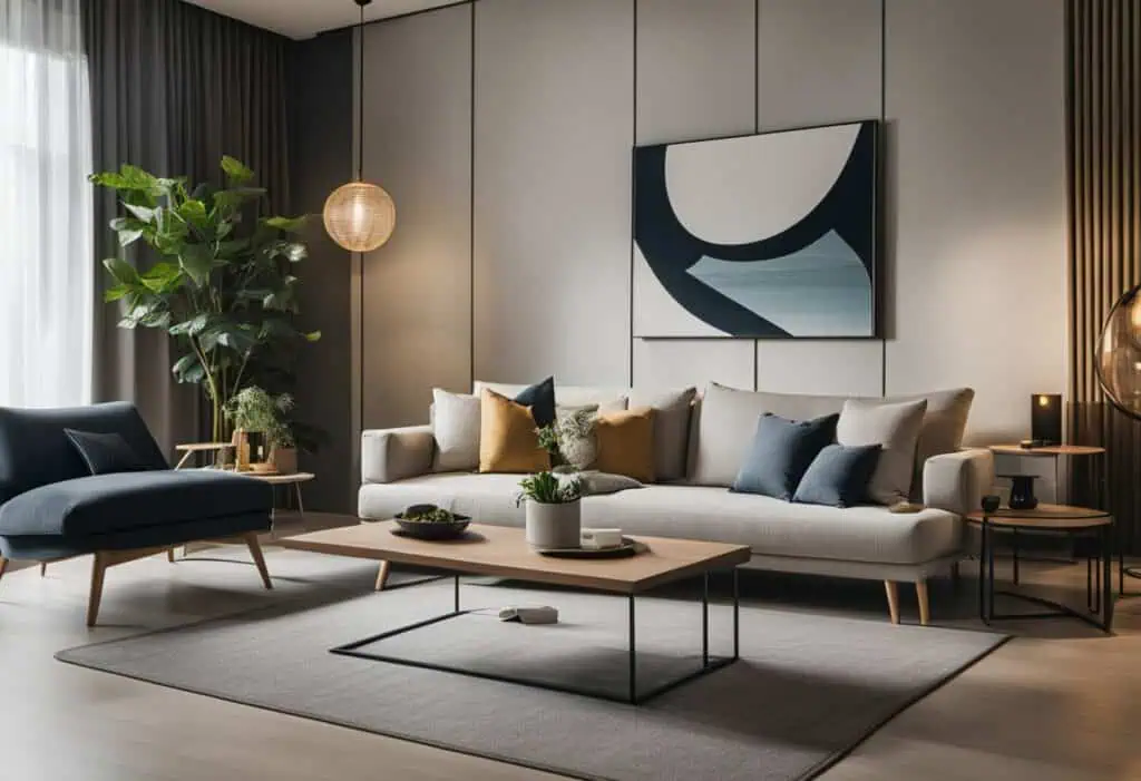 Stylish living room featuring contemporary furniture, cozy cushions, and artistic wall decor in a so.