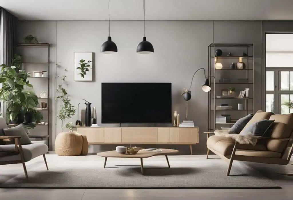 Contemporary living room with modern furniture, cozy sofa, and minimalist decor in neutral tones.