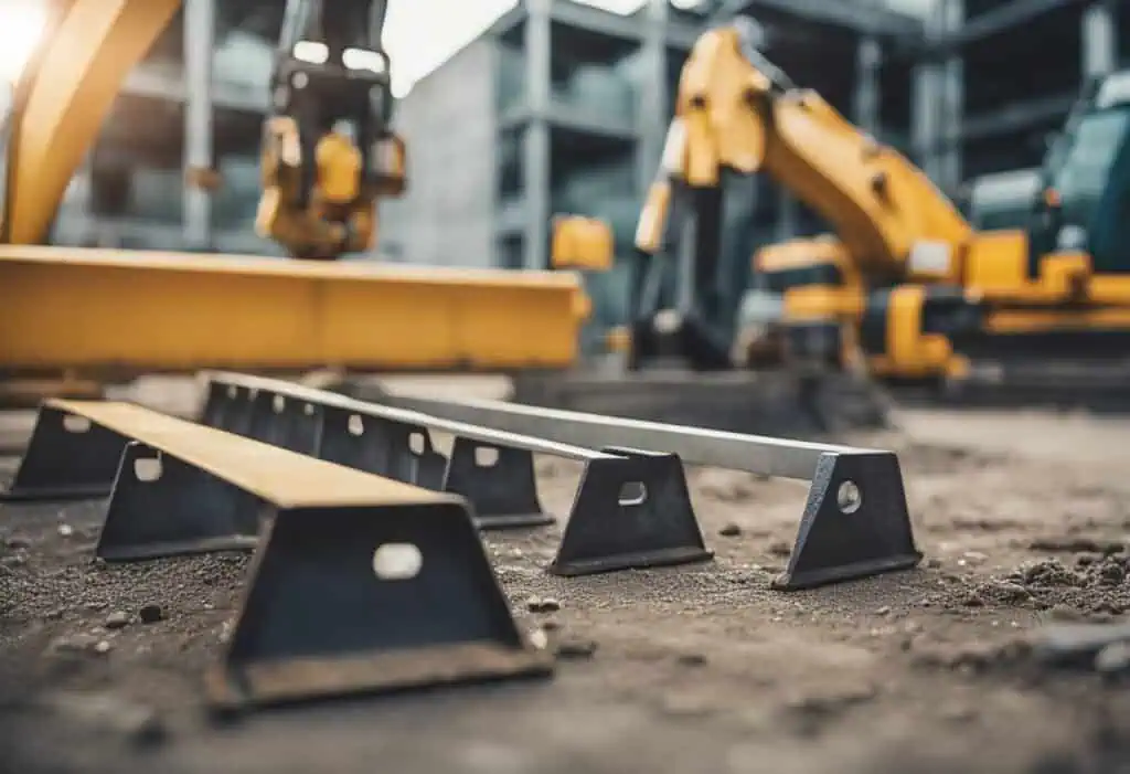 Steel beams and construction equipment at a renovation site.