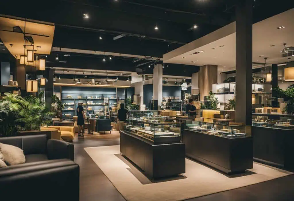 Modern furniture display in Singapore store with stylish sofas and decor.