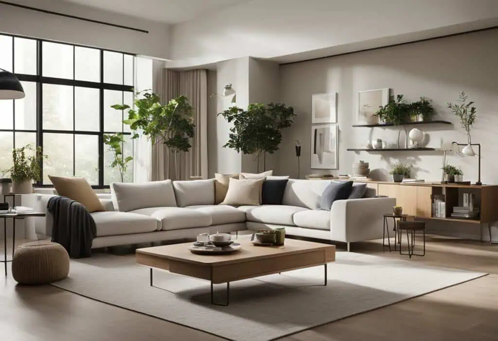 Elegant modern living room featuring stylish furniture and lush greenery for a sophisticated home am.