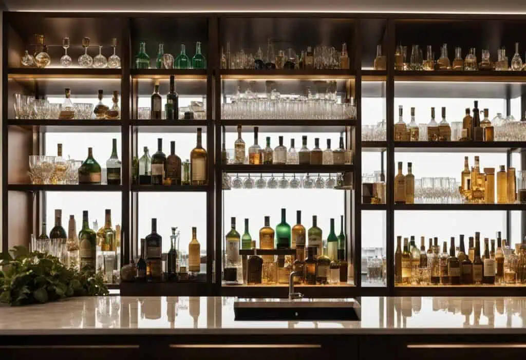 Stylish home bar furniture with glass shelves and ambient lighting in Singapore. Perfect for transfo.