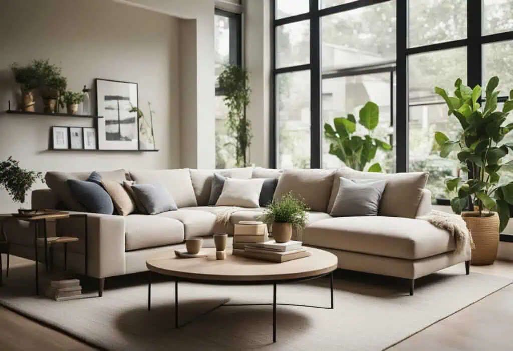 Bright and airy small living room with large windows and lush green plants. Perfect for stylish, spa.
