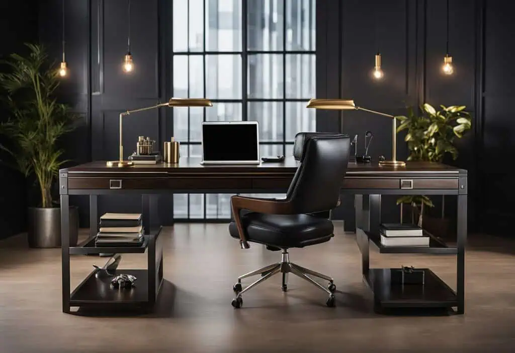 Stylish home office setup featuring a black desk, ergonomic chair, and contemporary lighting.