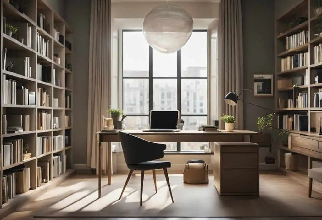 Home office with spacious desk, ergonomic chair, and ample natural light for an efficient work envir.
